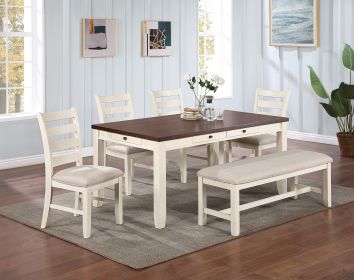 Luxury Look Dining Room Furniture 6pc Dining Set Dining Table w Drawers 4x Side Chairs 1x Bench White Rubberwood Walnut Acacia Veneer Ladder Back Chai