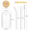 4 Set Glass Cups with Bamboo Lids and Straws, 20oz Can Shaped Drinking Beer Glasses, Iced Coffee Cups, Cute Tumbler with 2 Cleaning Brushes, Ideal for