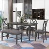 TREXM 6-Piece Kitchen Dining Table Set Wooden Rectangular Dining Table, 4 Fabric Chairs and Bench Family Furniture (Gray)